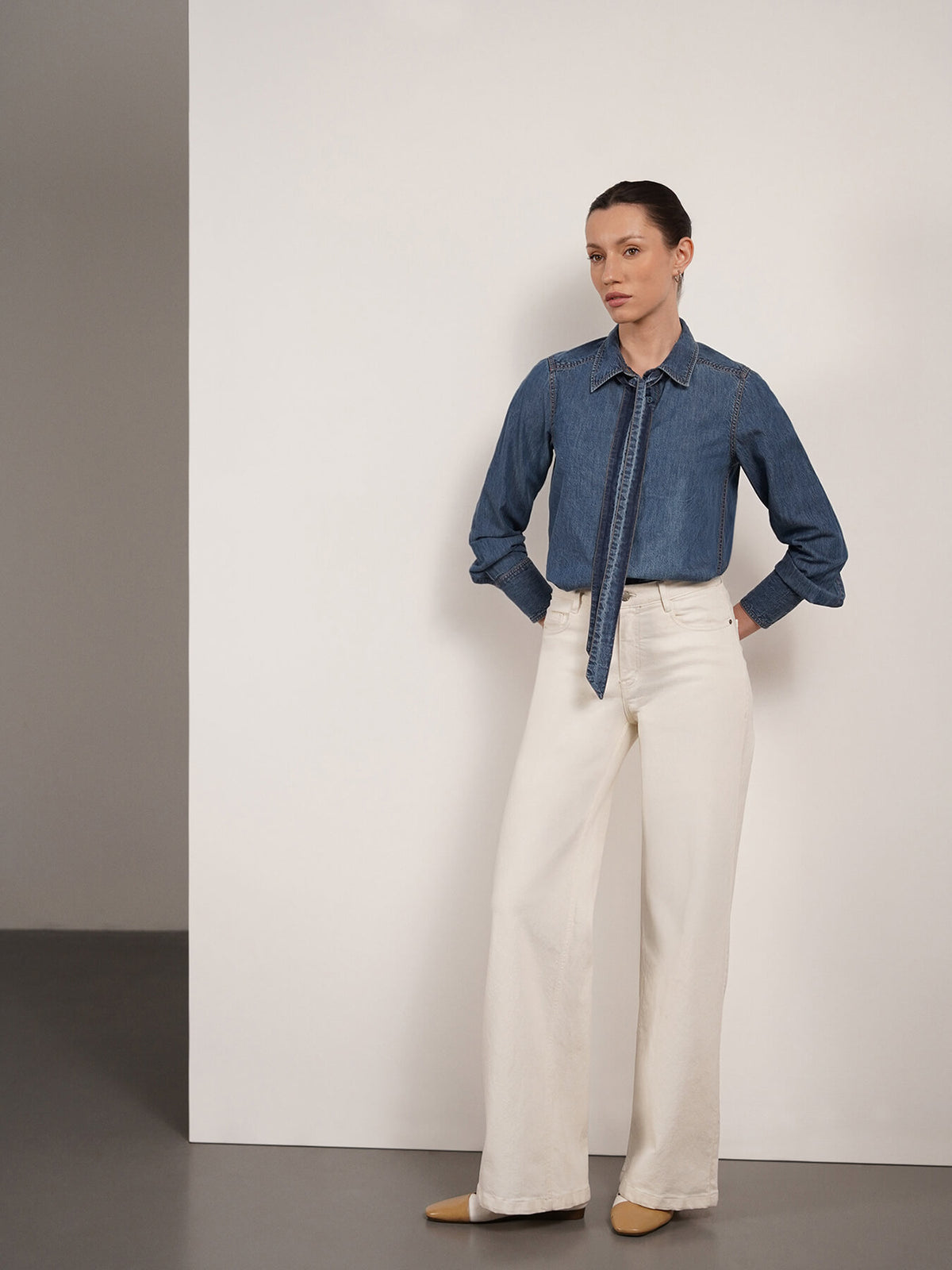 Denim Tie-Up Collar Shirt - Blue