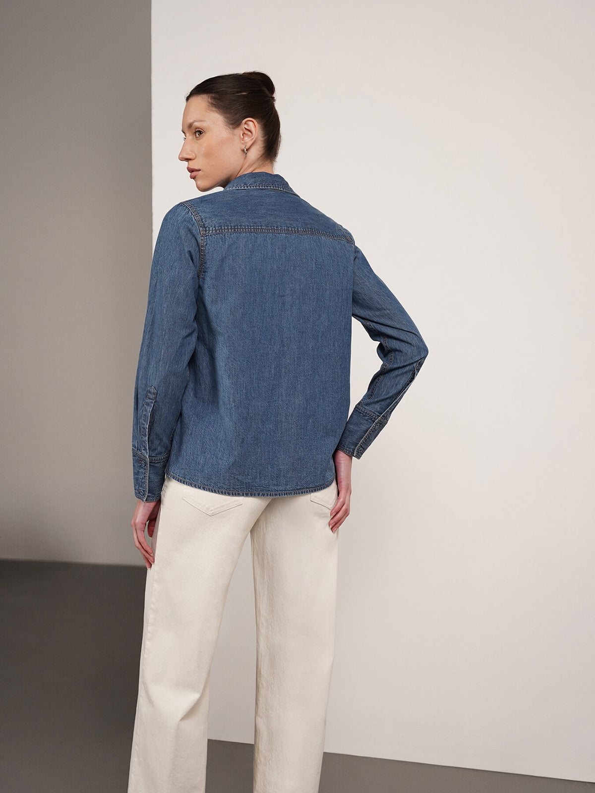 Denim Tie-Up Collar Shirt - Blue