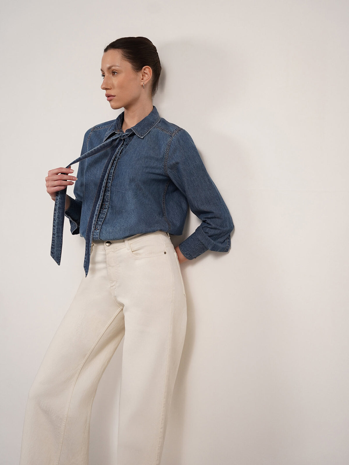Denim Tie-Up Collar Shirt - Blue