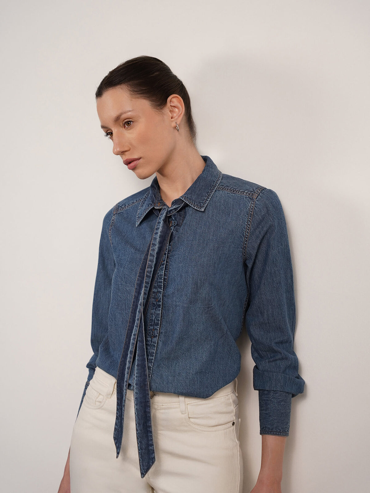 Denim Tie-Up Collar Shirt - Blue