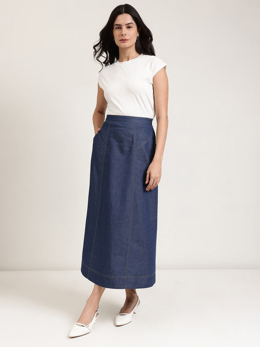 Denim Midi Skirt - Navy Blue