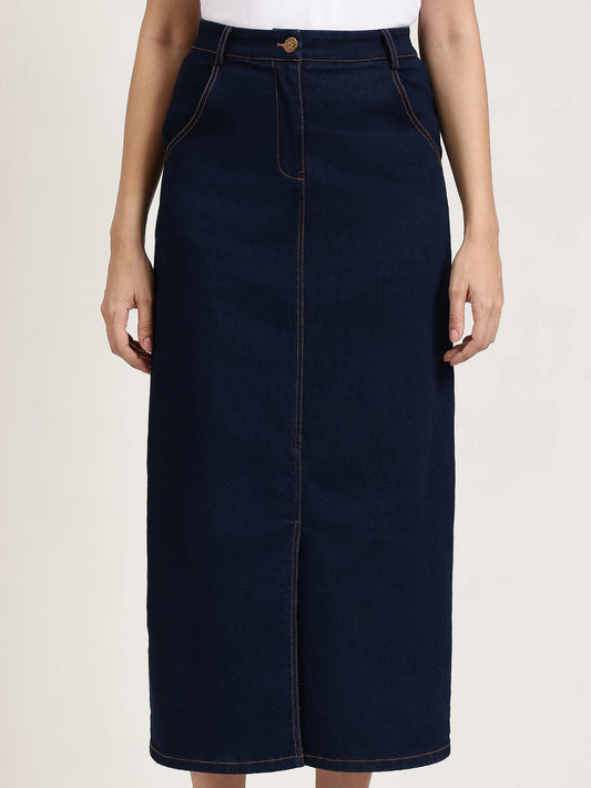 Denim Front Slit Skirt - Navy Blue