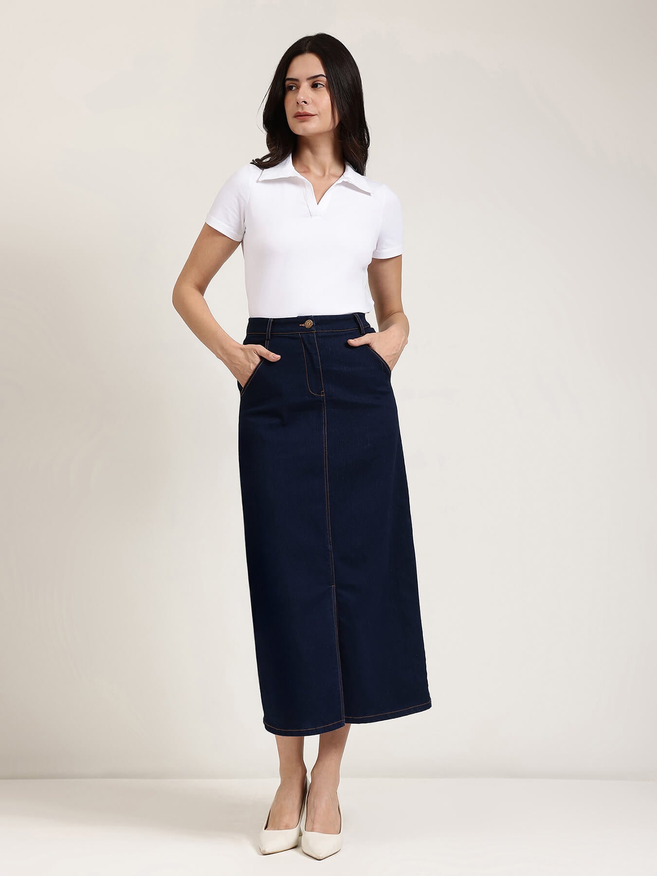 Denim Front Slit Skirt - Navy Blue