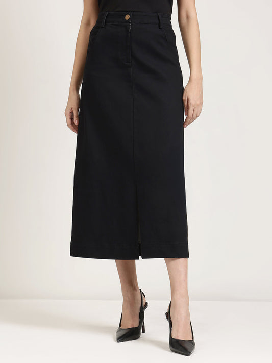Denim Front Slit Skirt - Black