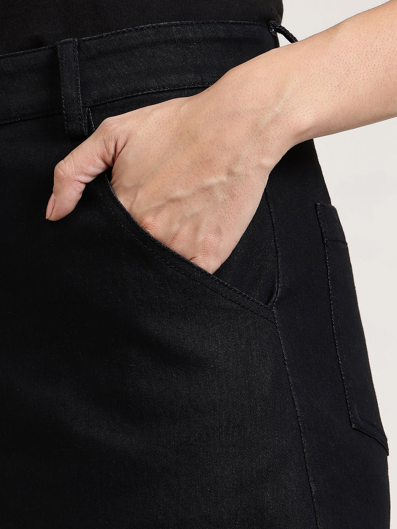 Denim Front Slit Skirt - Black