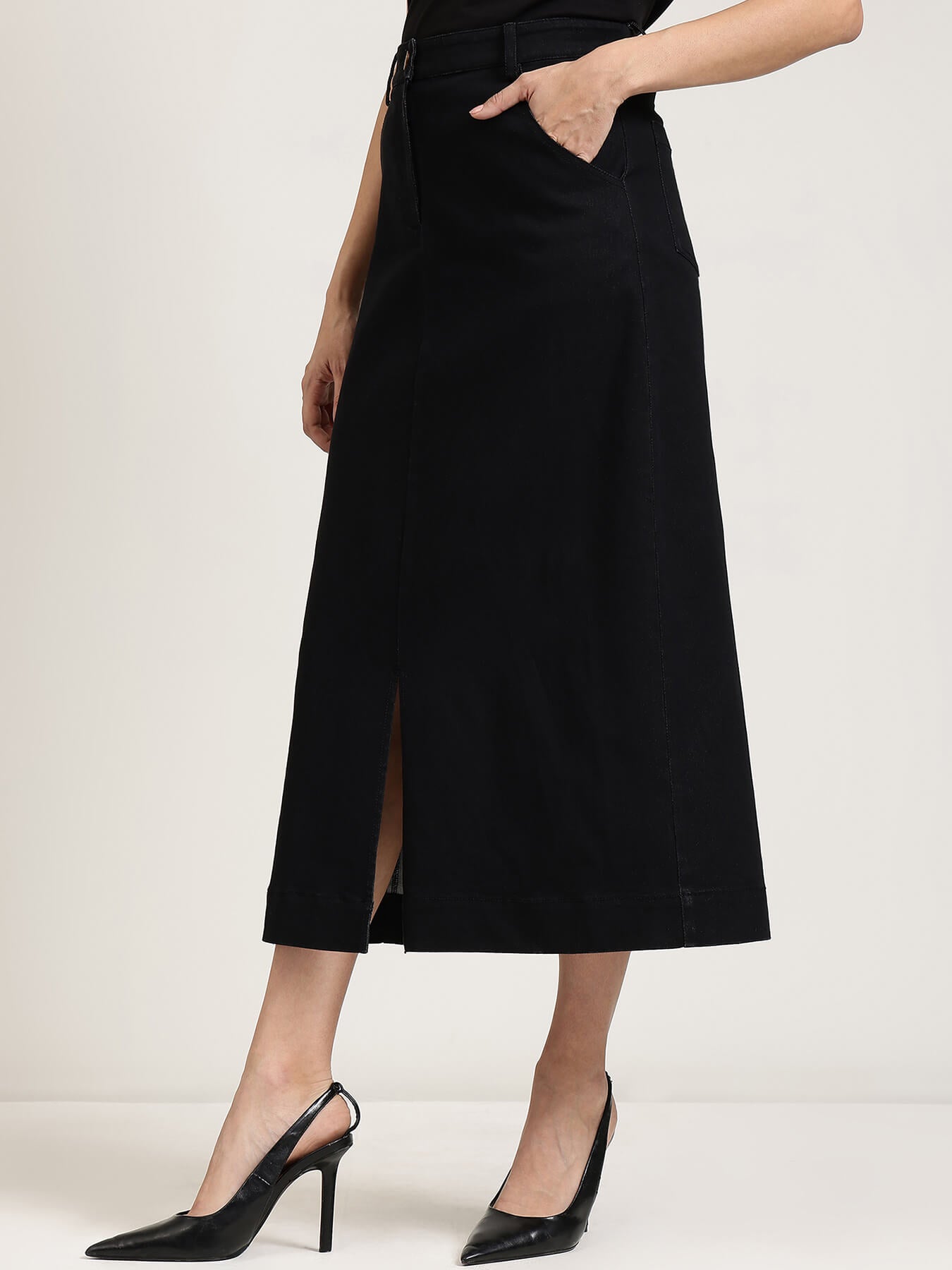 Denim Front Slit Skirt - Black