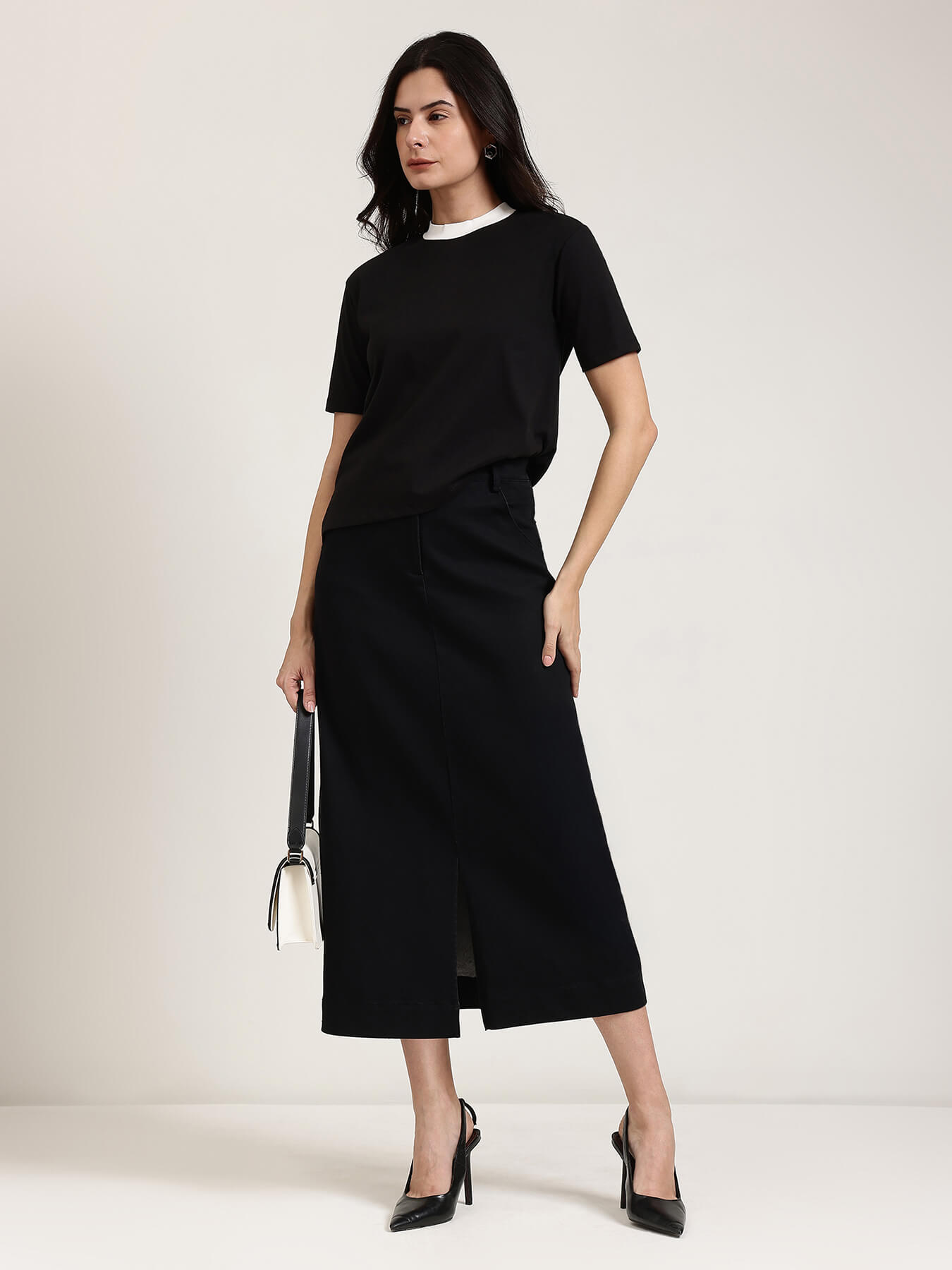 Denim Front Slit Skirt - Black