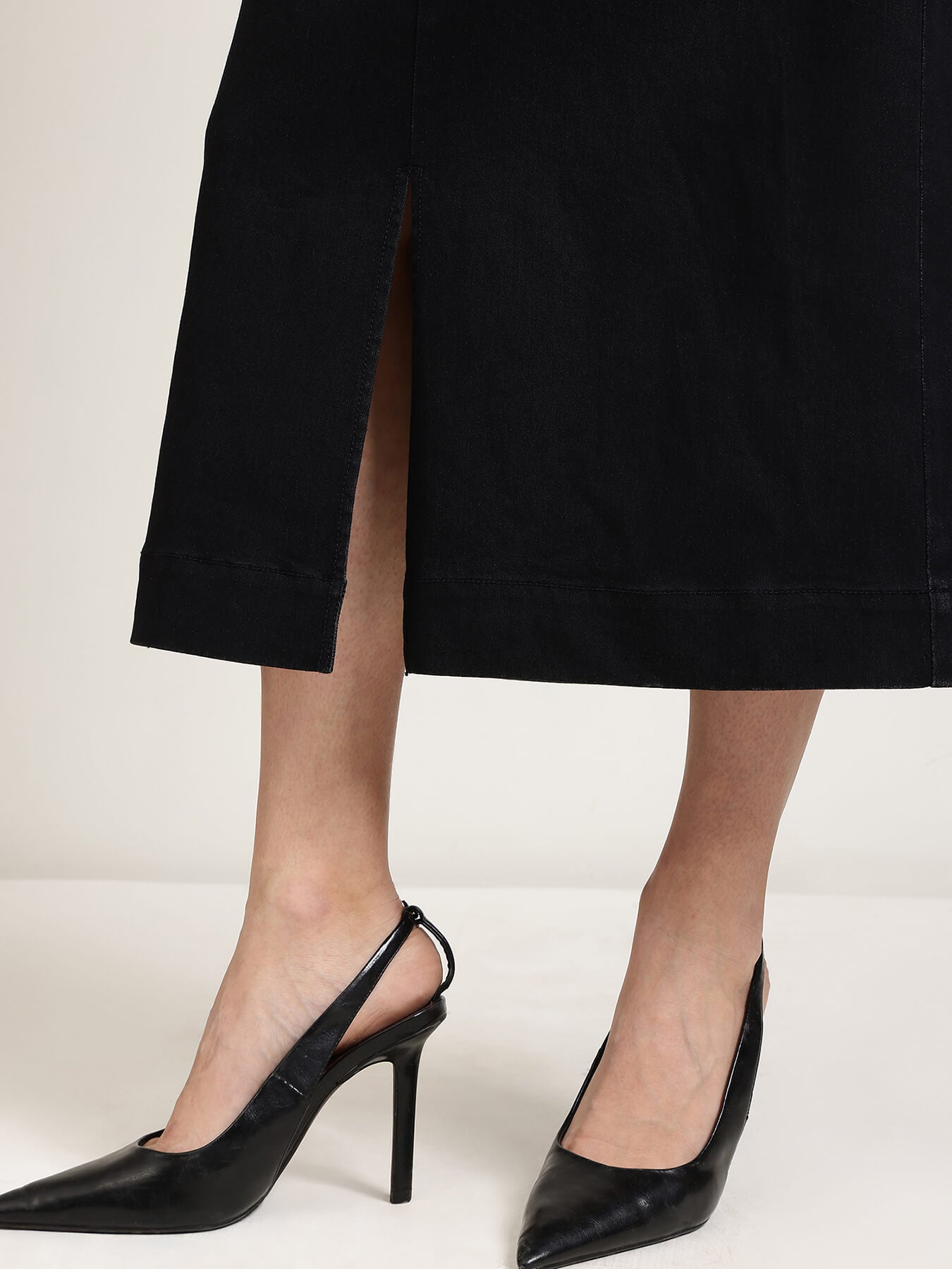 Denim Front Slit Skirt - Black