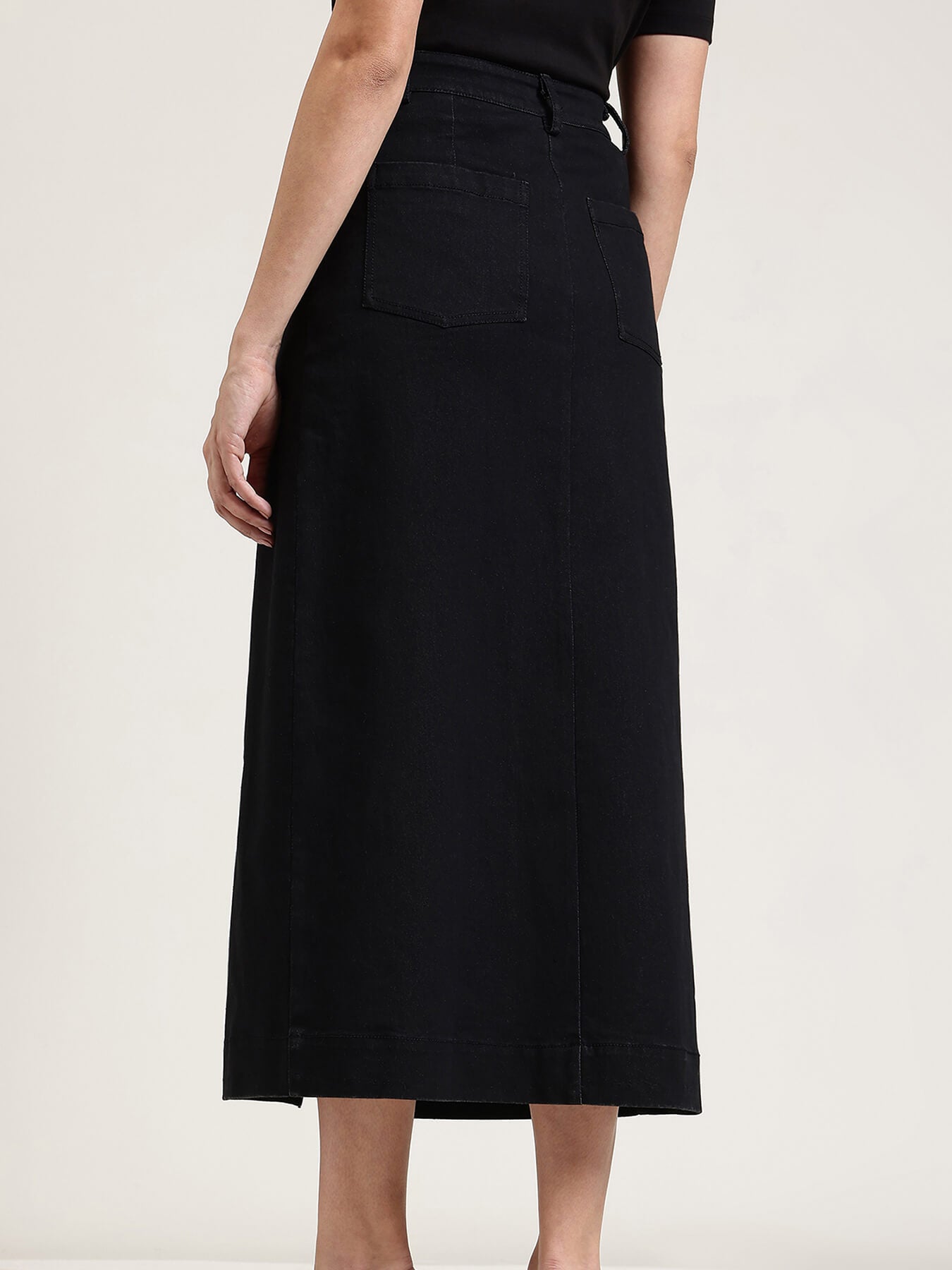 Denim Front Slit Skirt - Black