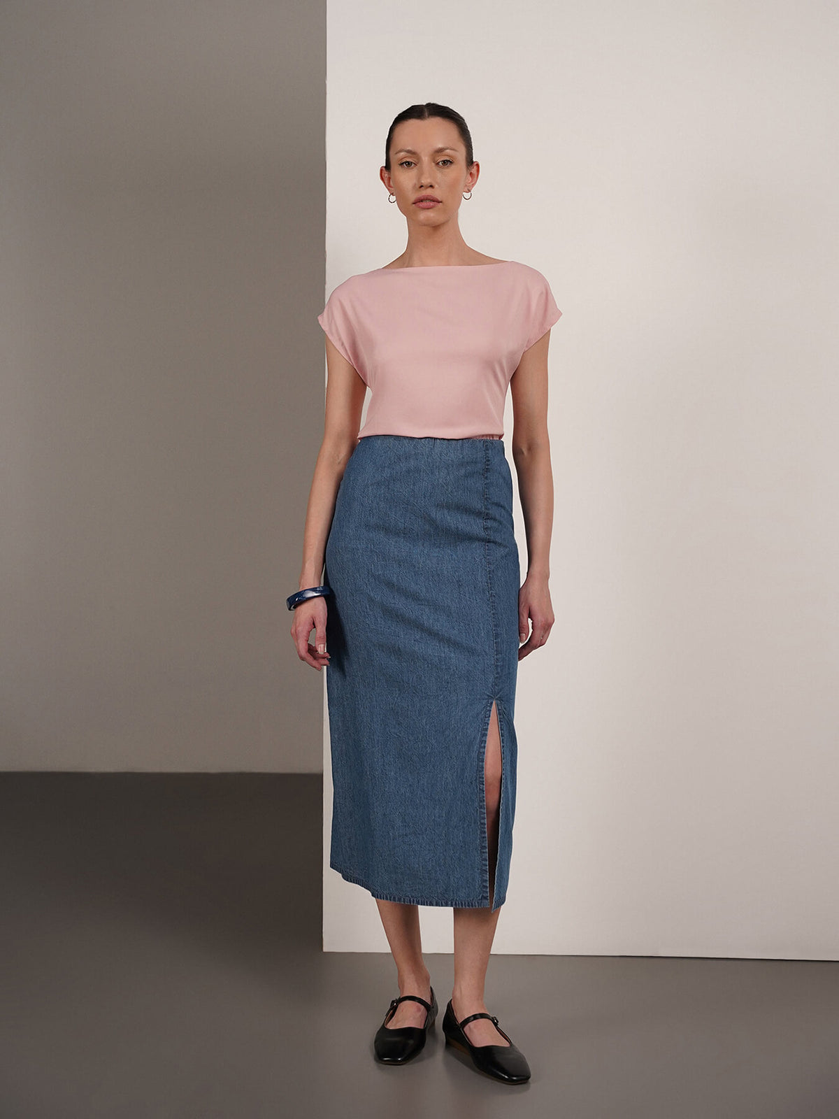 Denim Straight Fit Skirt - Blue