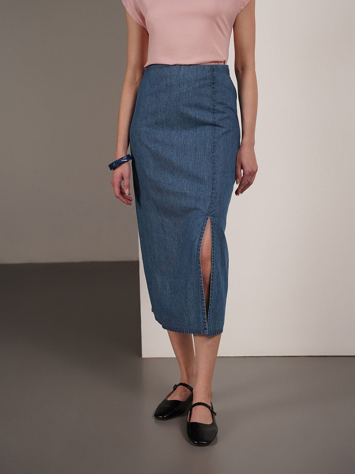Denim Straight Fit Skirt - Blue