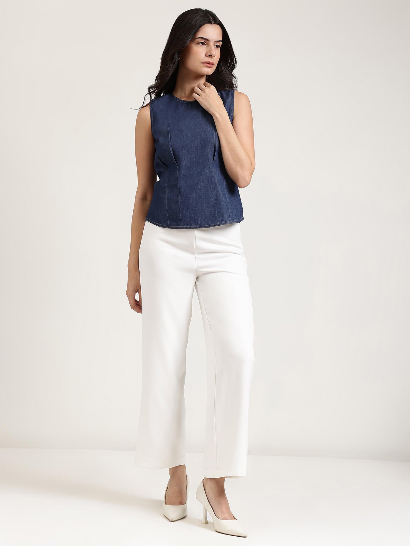 Denim Round Neck Top - Navy Blue