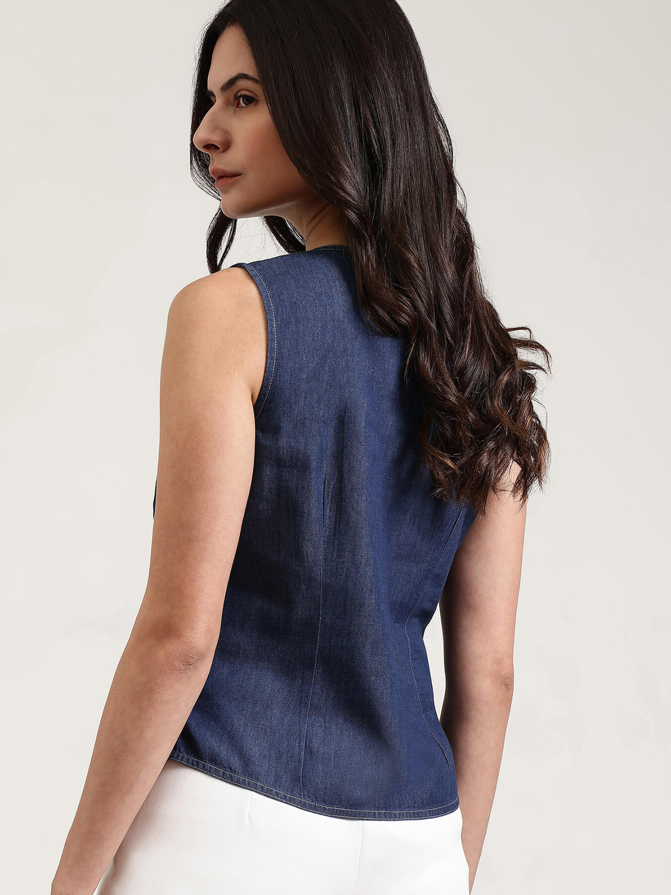 Denim Round Neck Top - Navy Blue