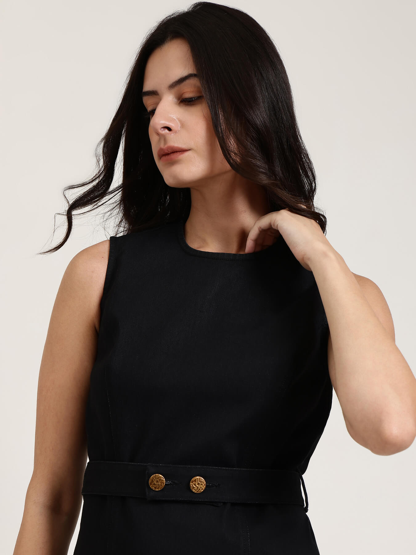 Denim Round Neck Top - Black