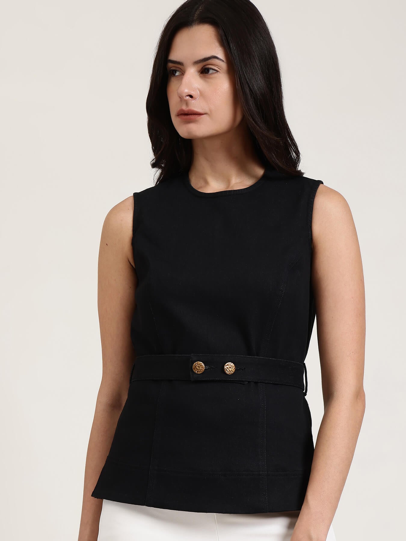 Denim Round Neck Top - Black