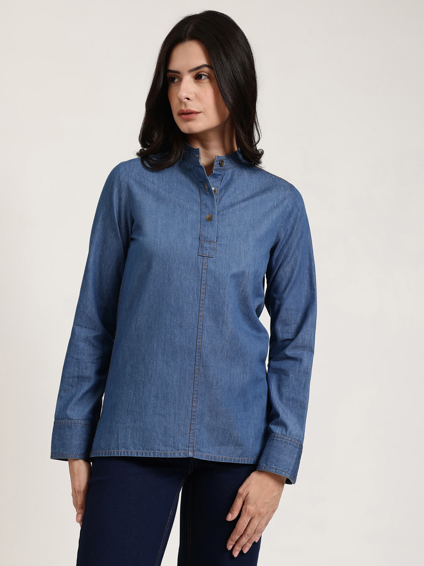 Denim Mandarin Collar Top - Blue