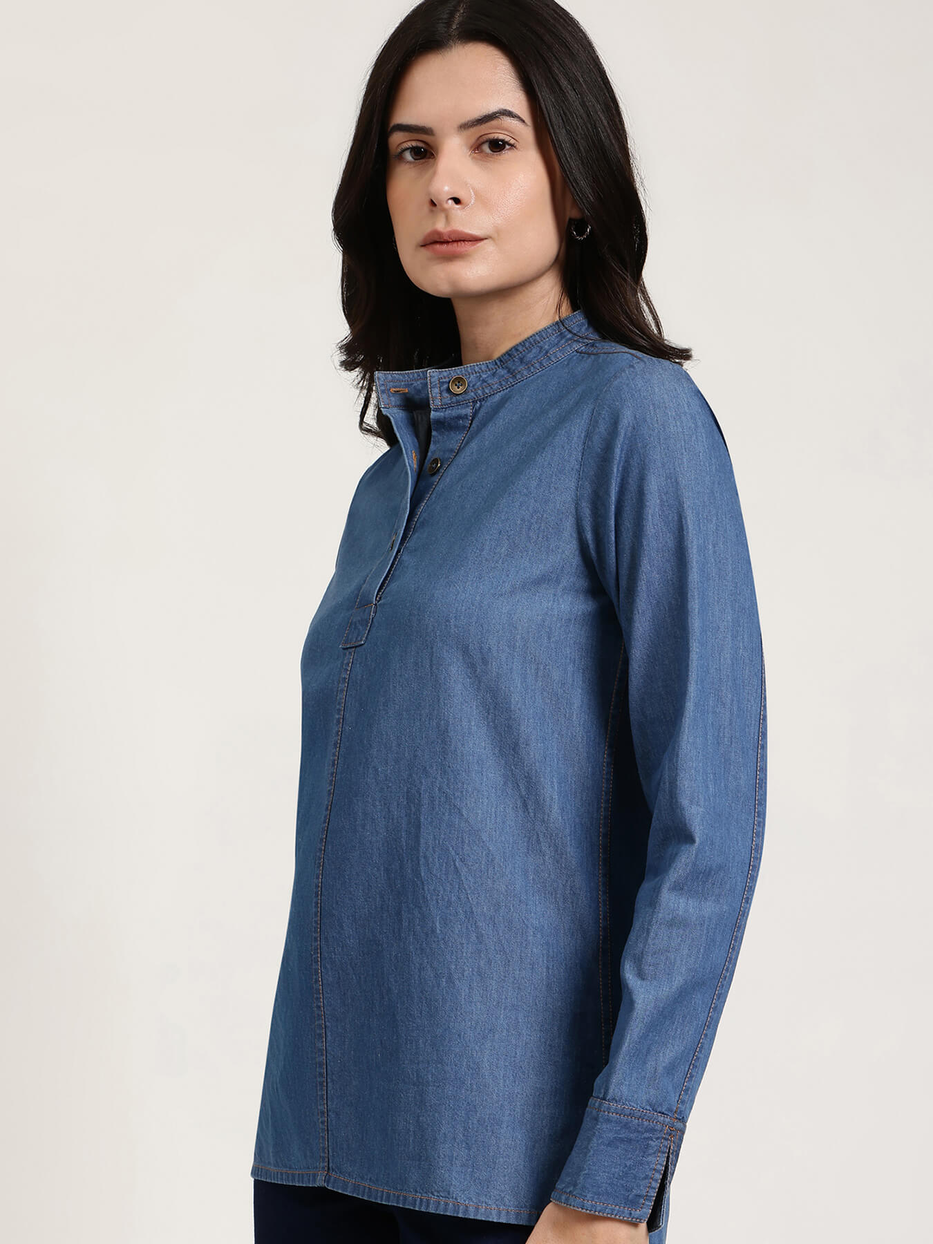 Denim Mandarin Collar Top - Blue