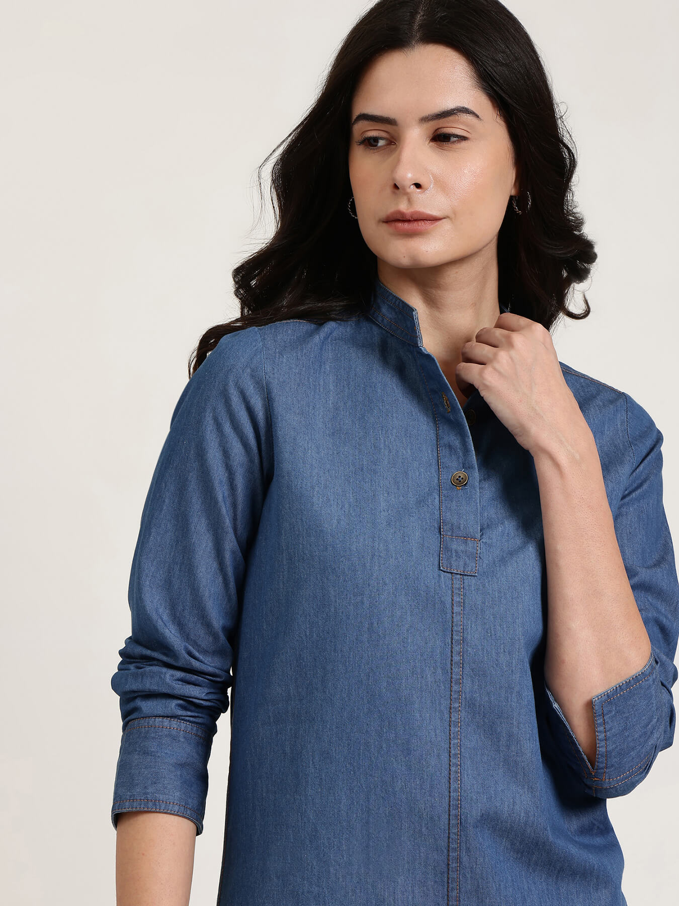 Denim Mandarin Collar Top - Blue