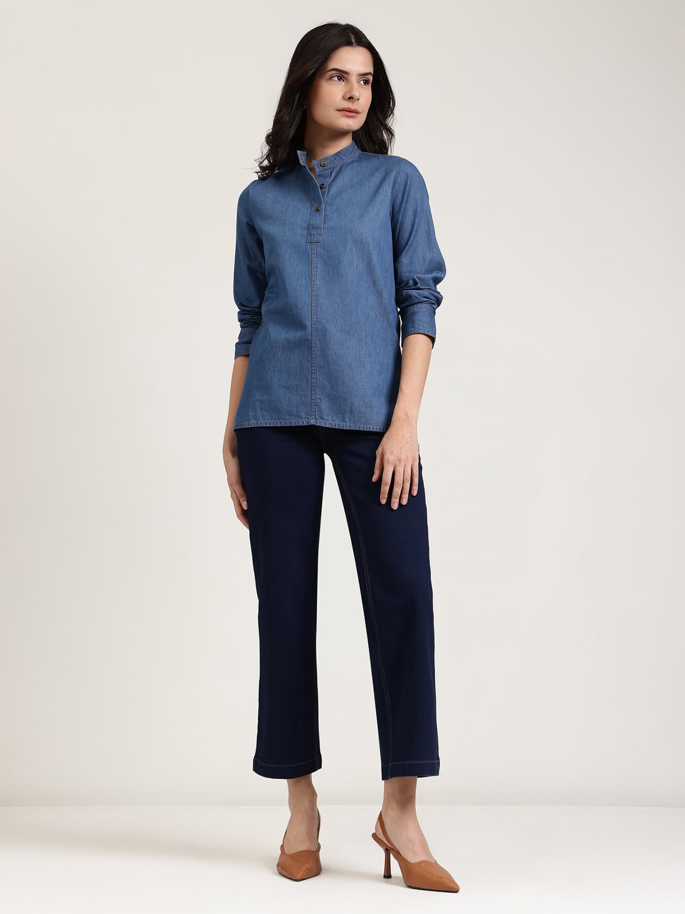 Denim Mandarin Collar Top - Blue