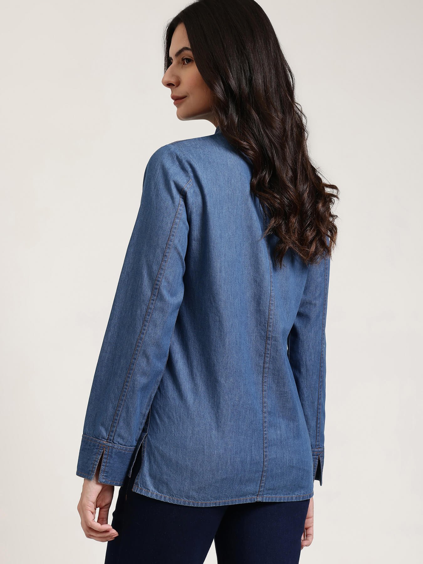 Denim Mandarin Collar Top - Blue