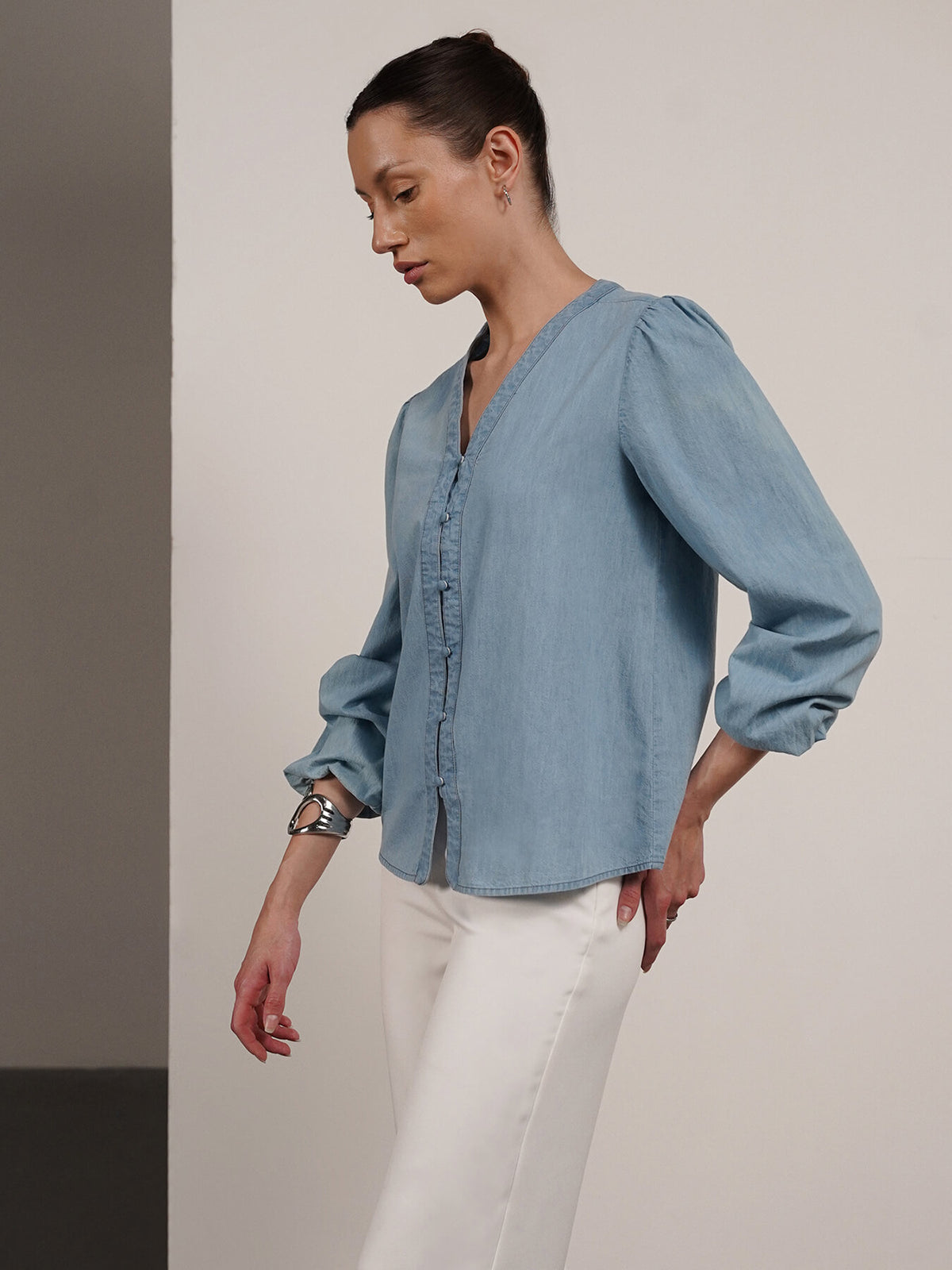 Denim V-Neck Top - Blue