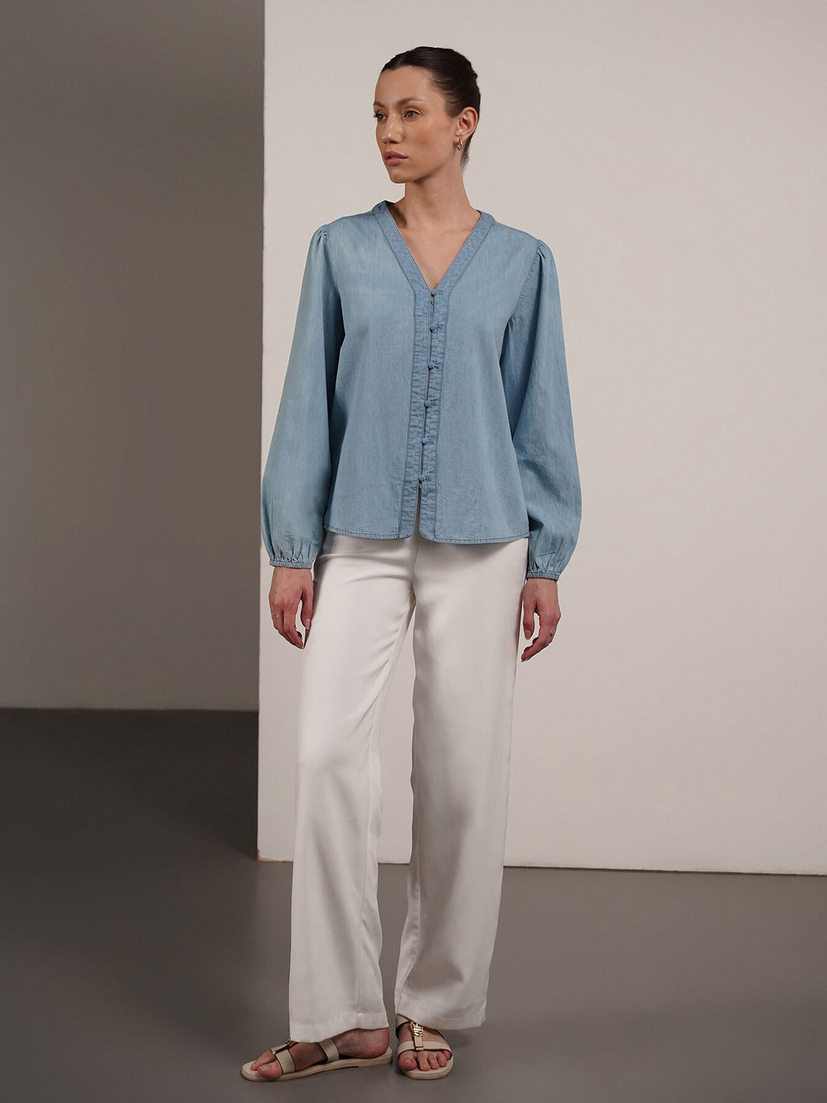 Denim V-Neck Top - Blue