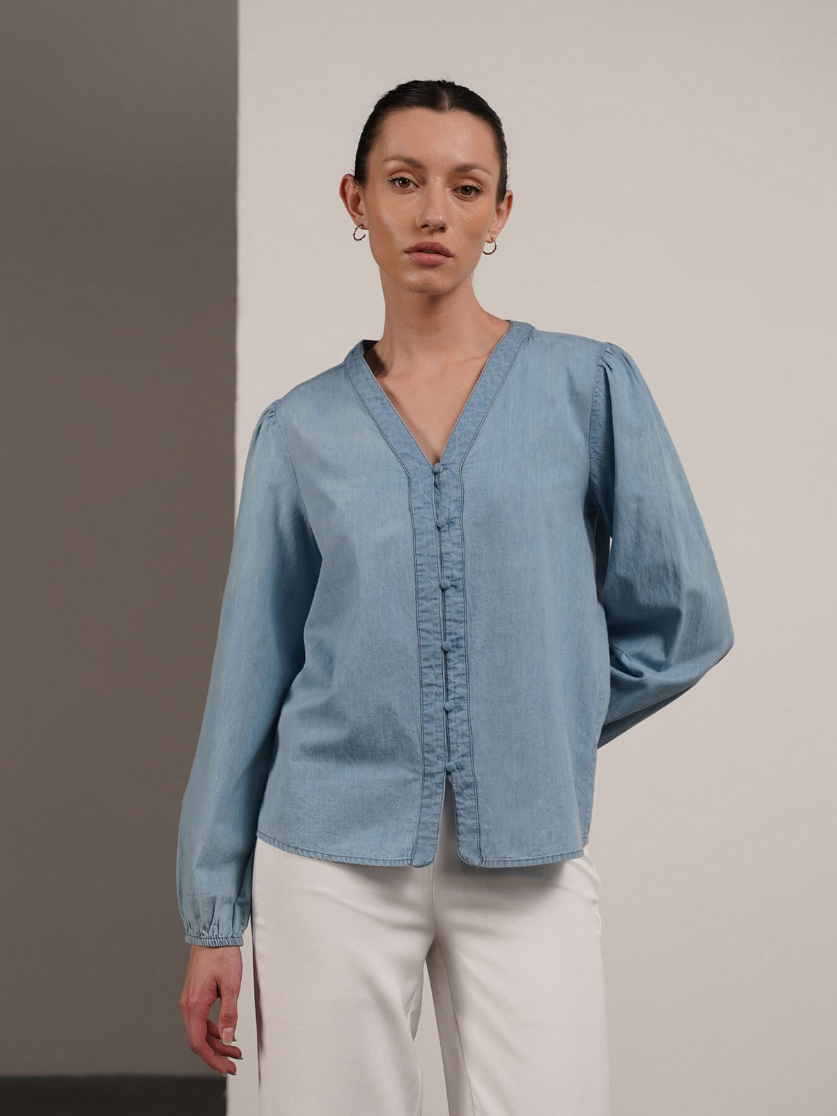 Denim V-Neck Top - Blue