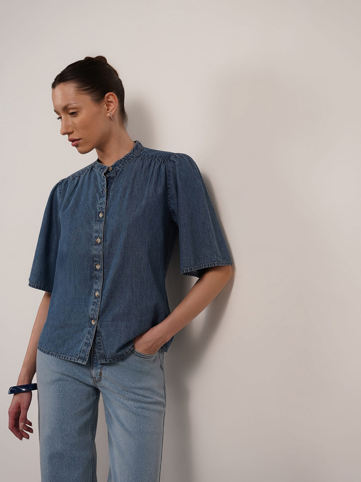Denim Mandarin Collar Top - Blue