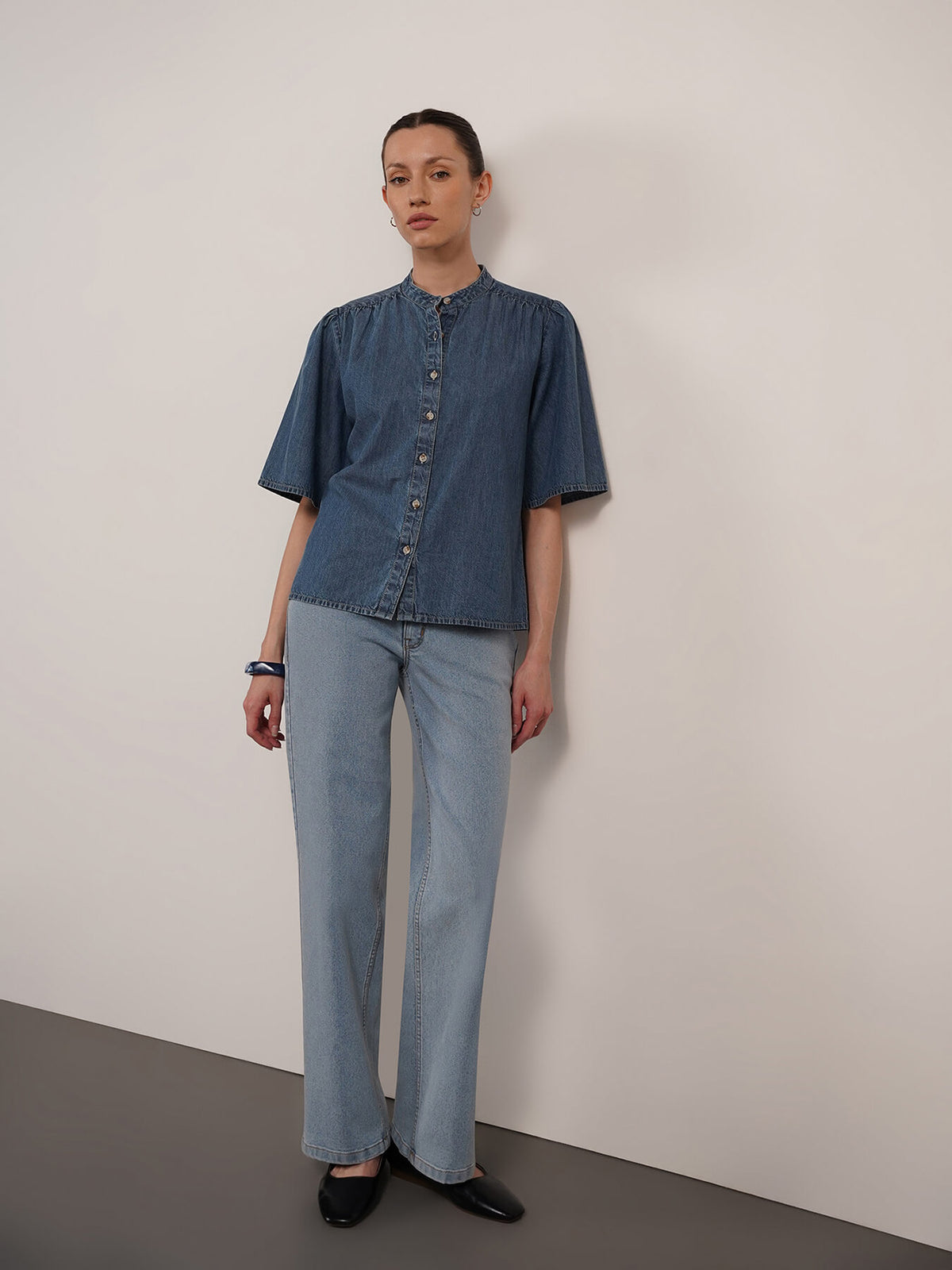 Denim Mandarin Collar Top - Blue