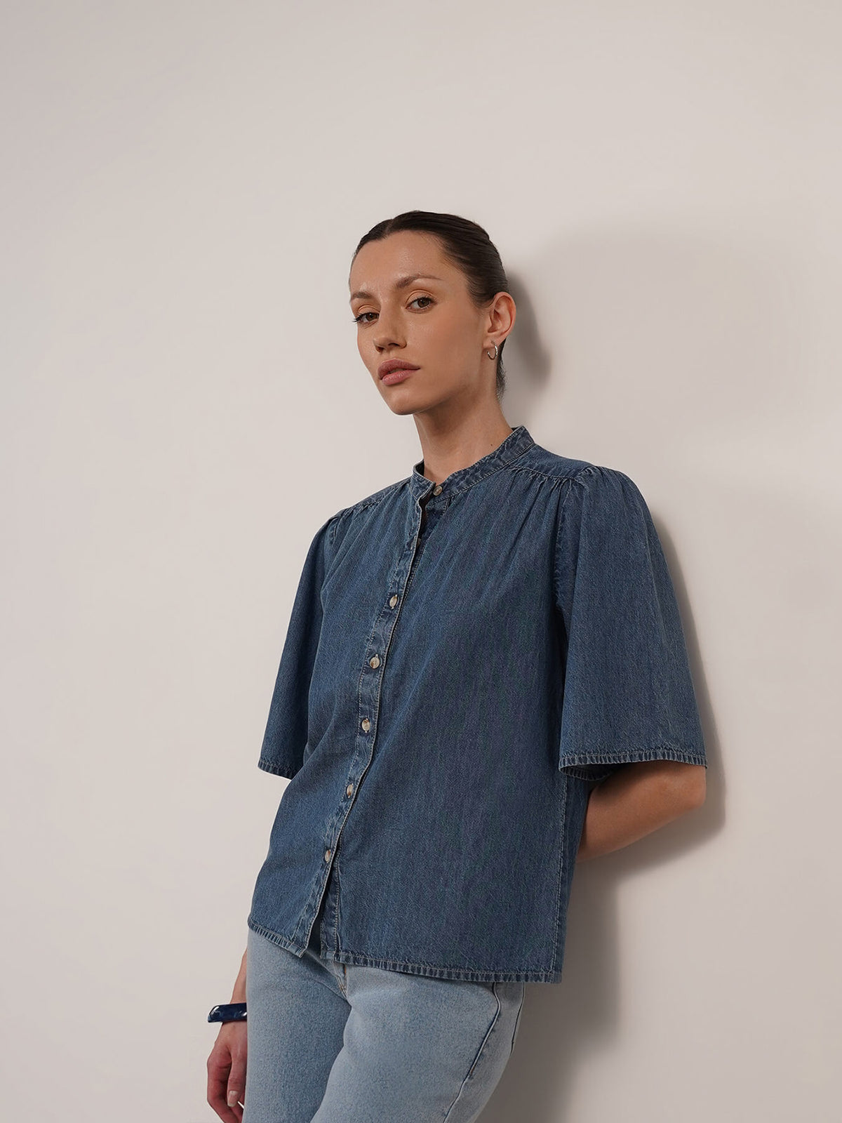 Denim Mandarin Collar Top - Blue