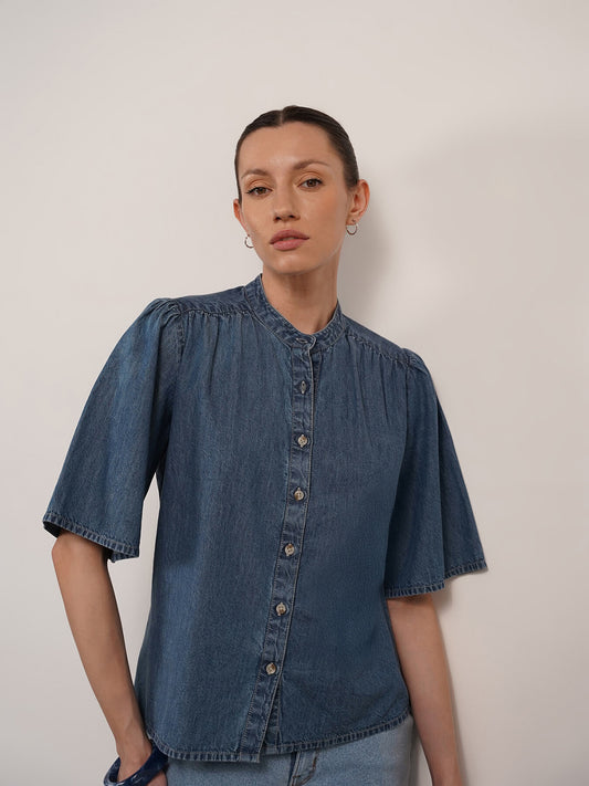 Denim Mandarin Collar Top - Blue