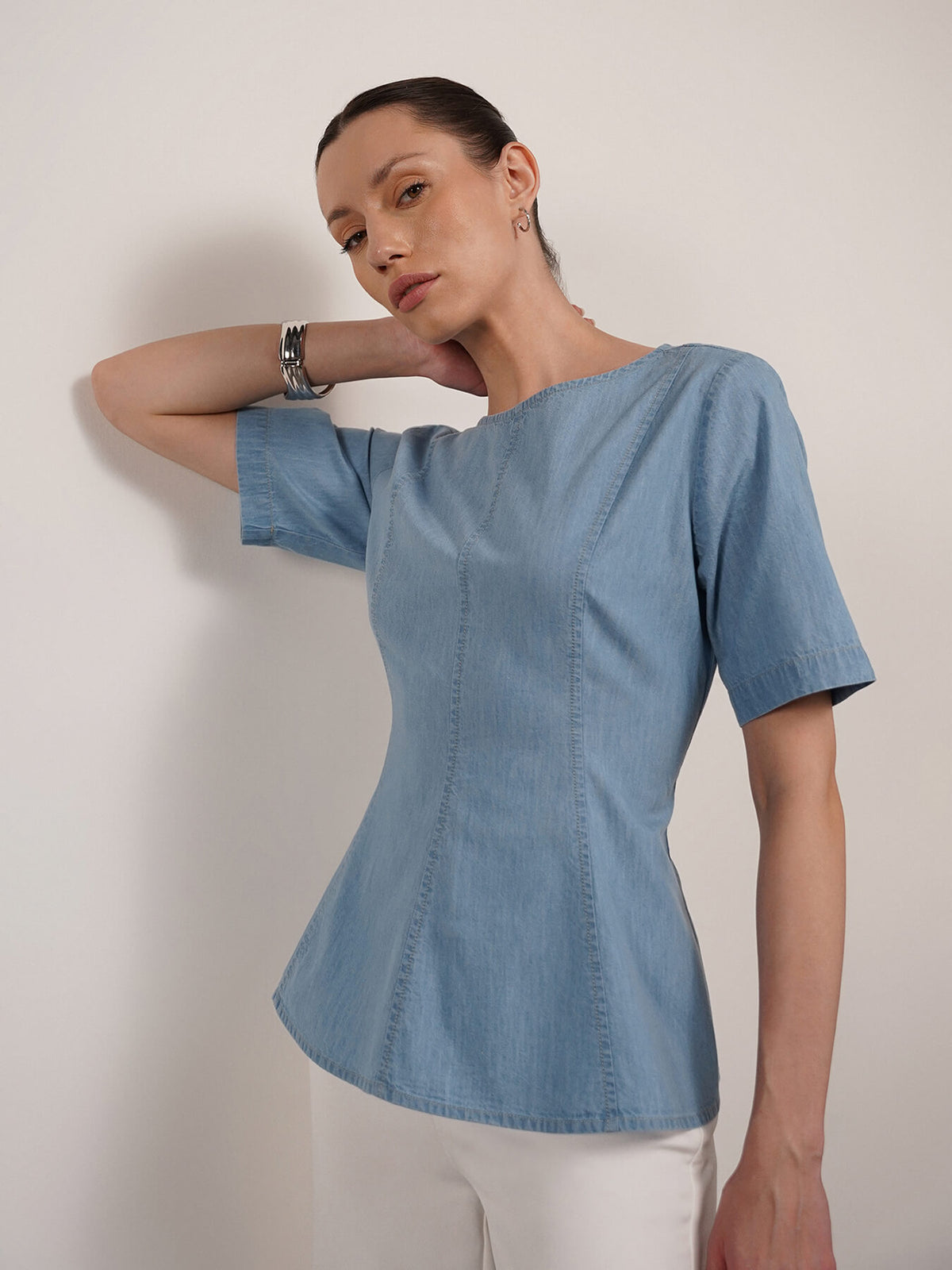Denim Boat Neck Top - Blue