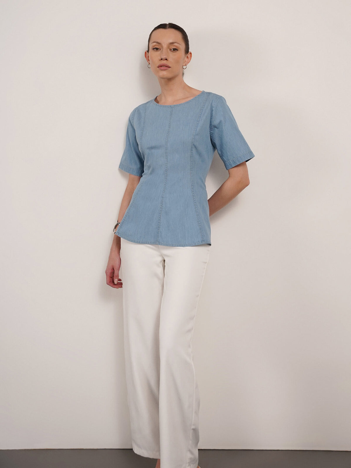 Denim Boat Neck Top - Blue
