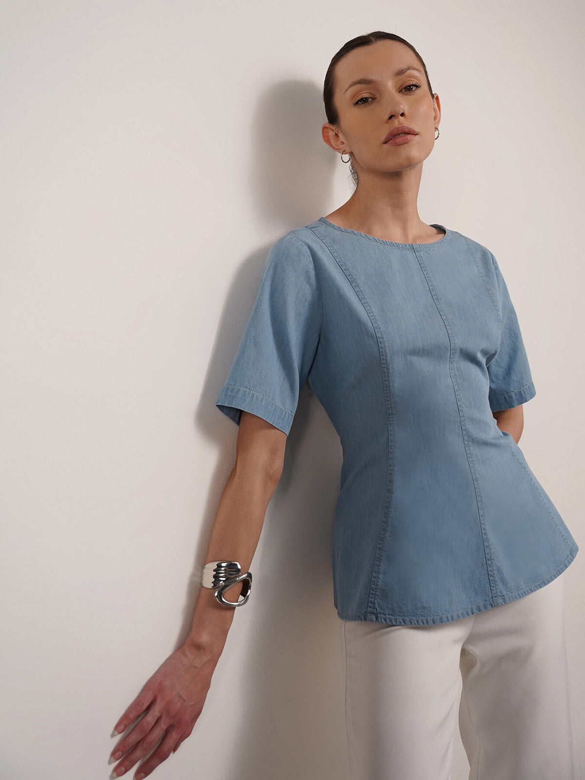Denim Boat Neck Top - Blue