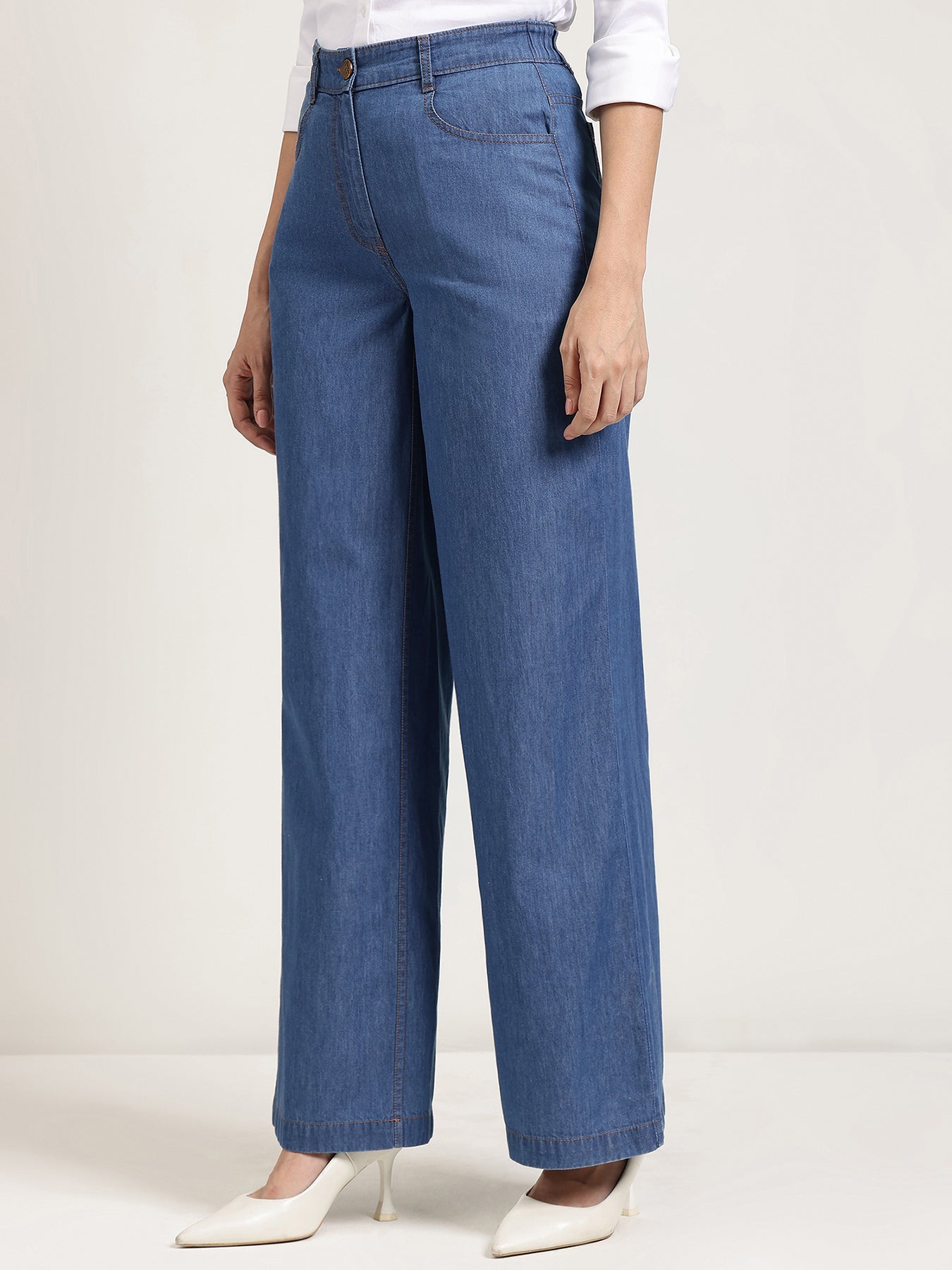 Denim Wide Leg Trousers - Medium Blue