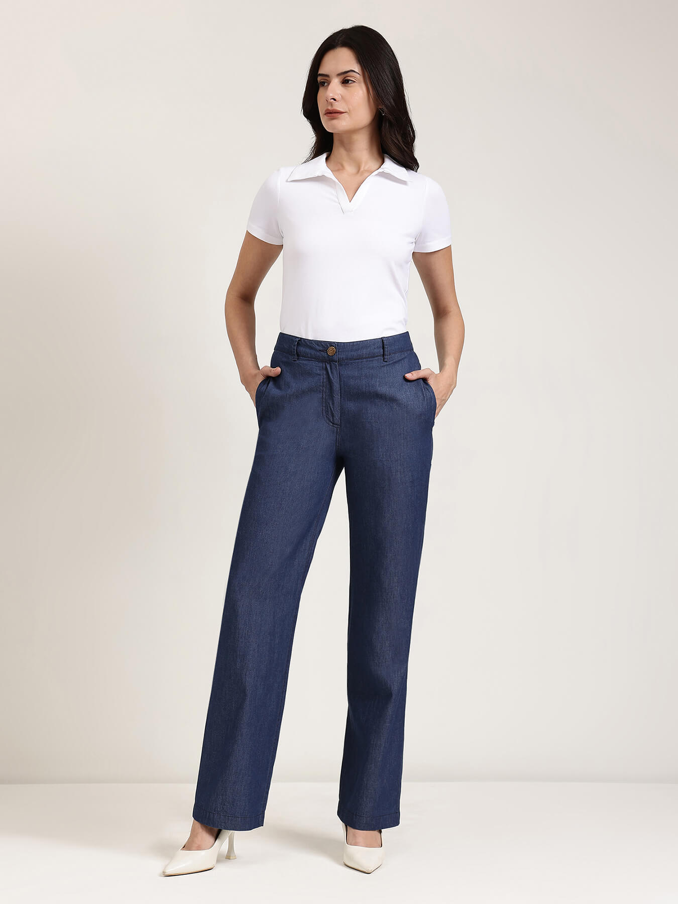 Denim Straight Fit Trousers - Navy Blue