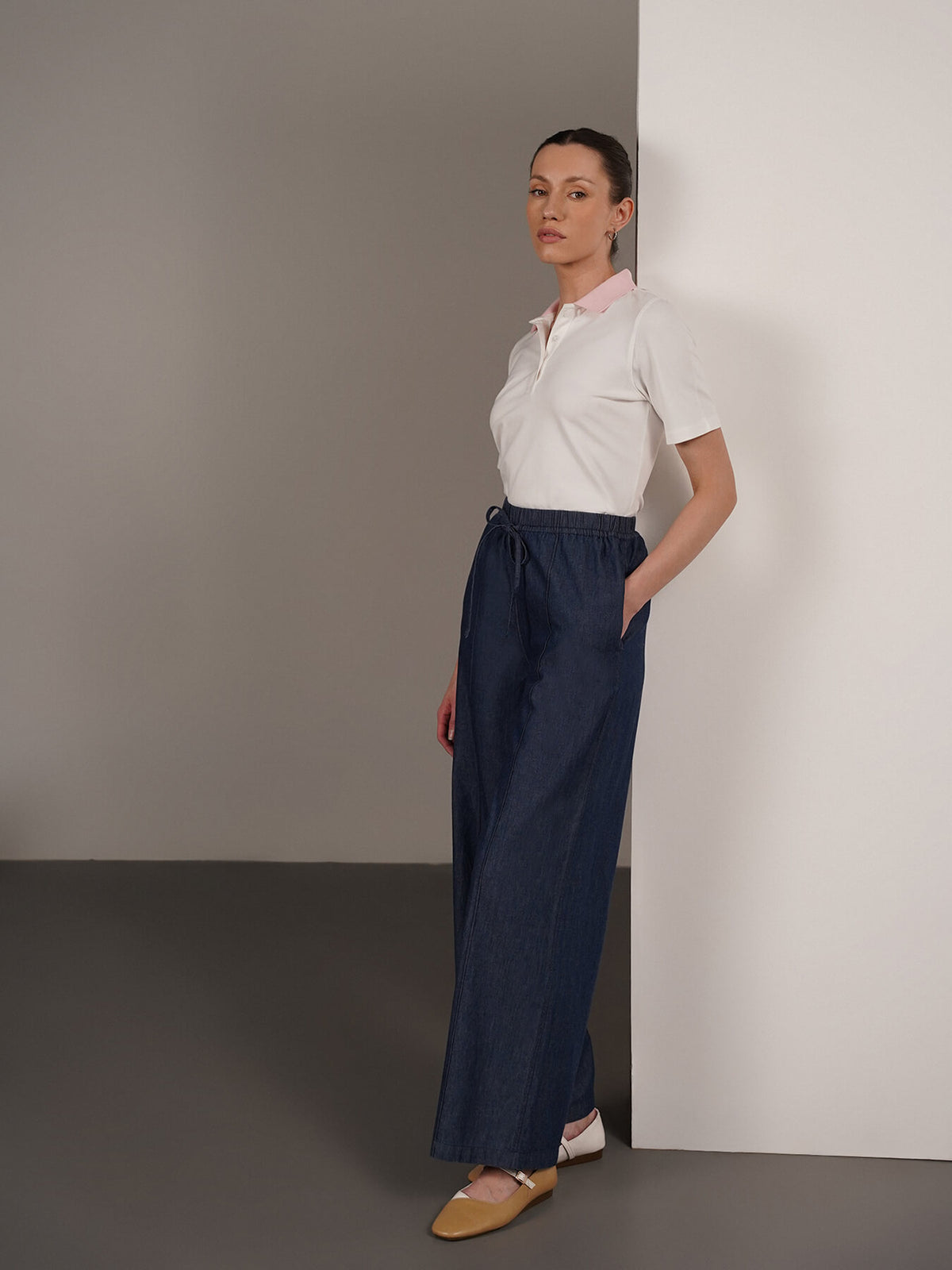 Denim Wide Leg Trousers - Navy Blue