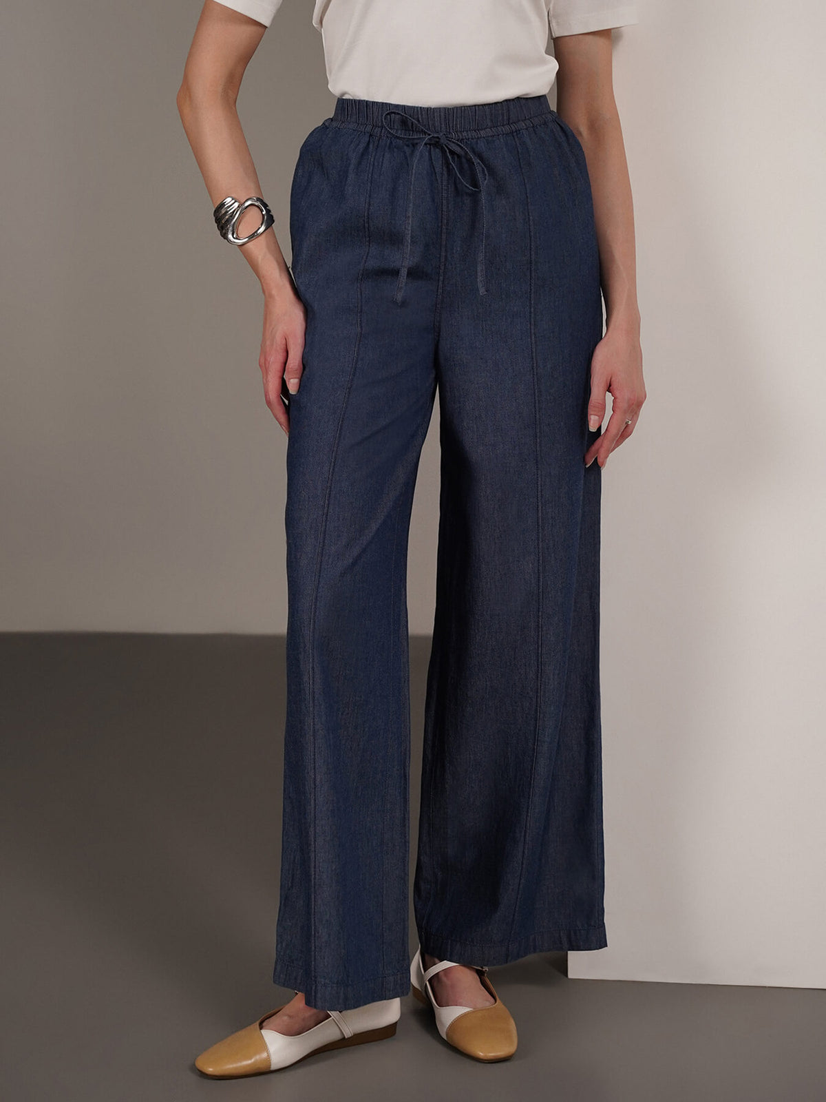 Denim Wide Leg Trousers - Navy Blue