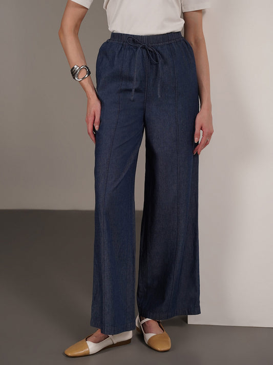 Denim Wide Leg Trousers - Navy Blue
