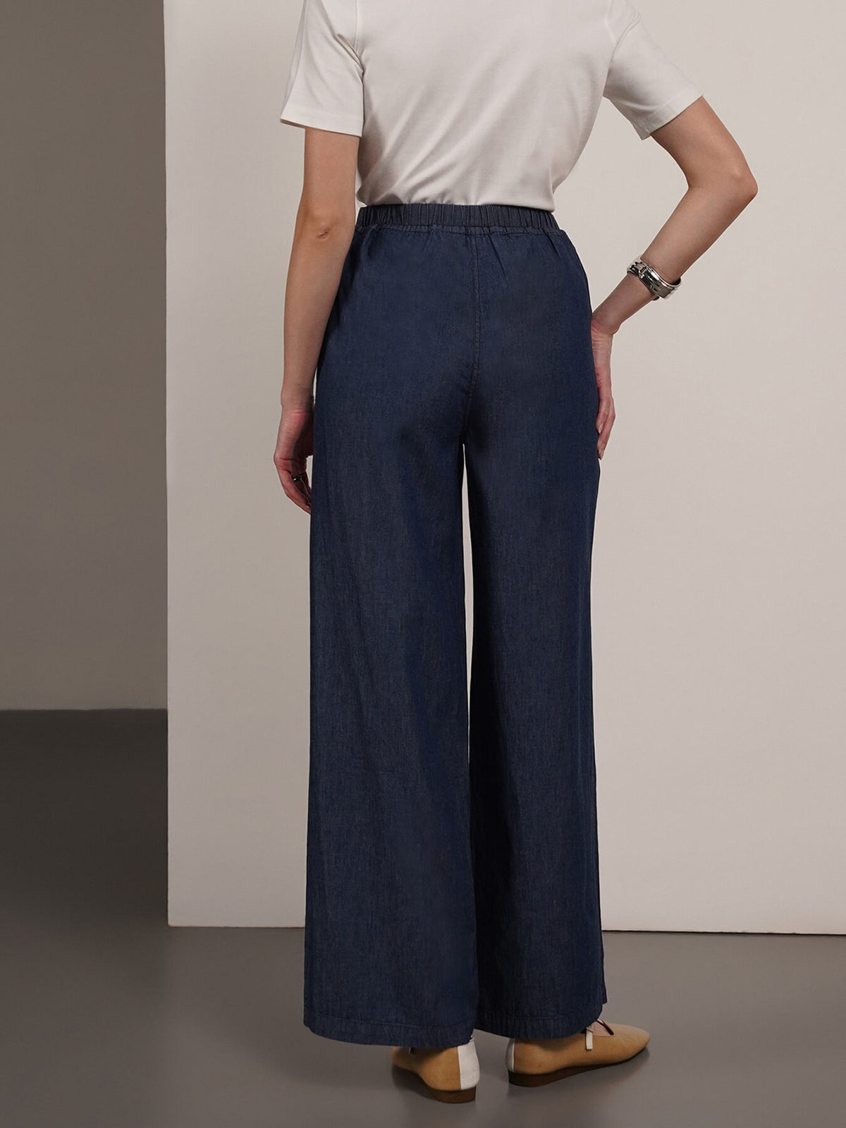 Denim Wide Leg Trousers - Navy Blue