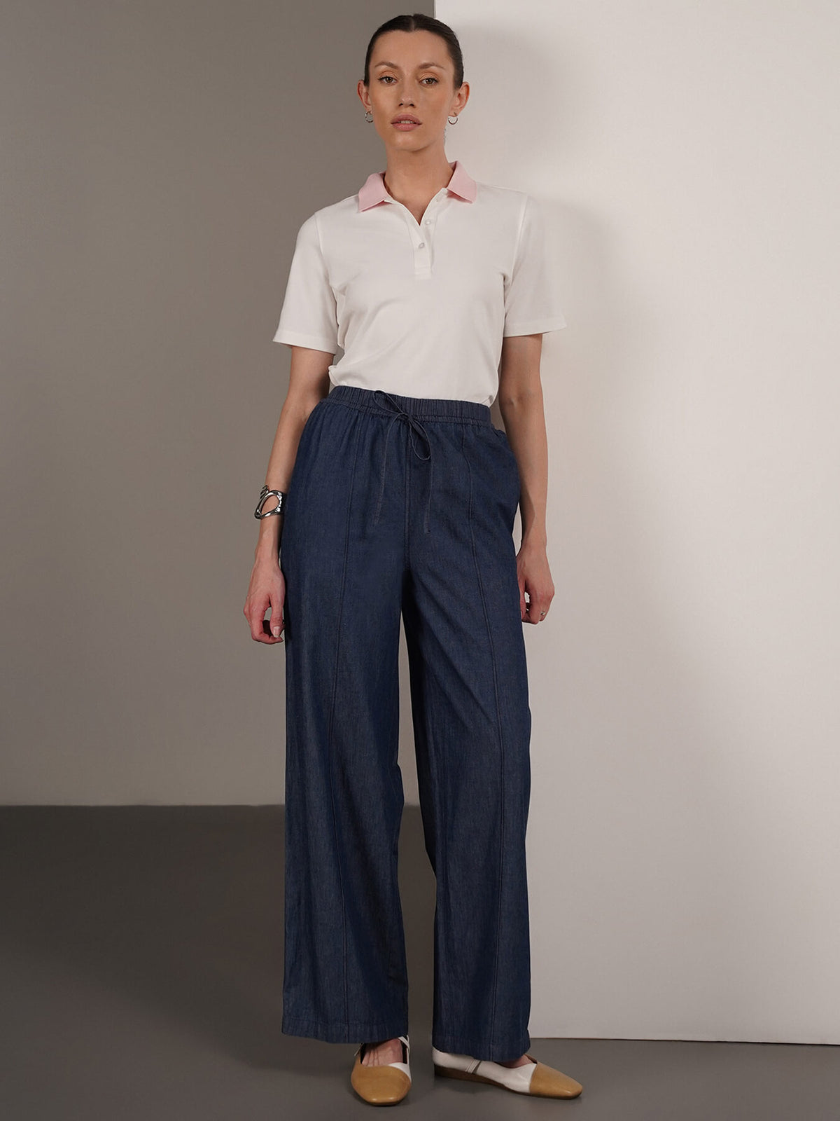 Denim Wide Leg Trousers - Navy Blue