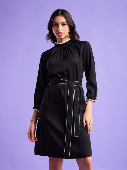 Ruffle Belted Dress - Black And White