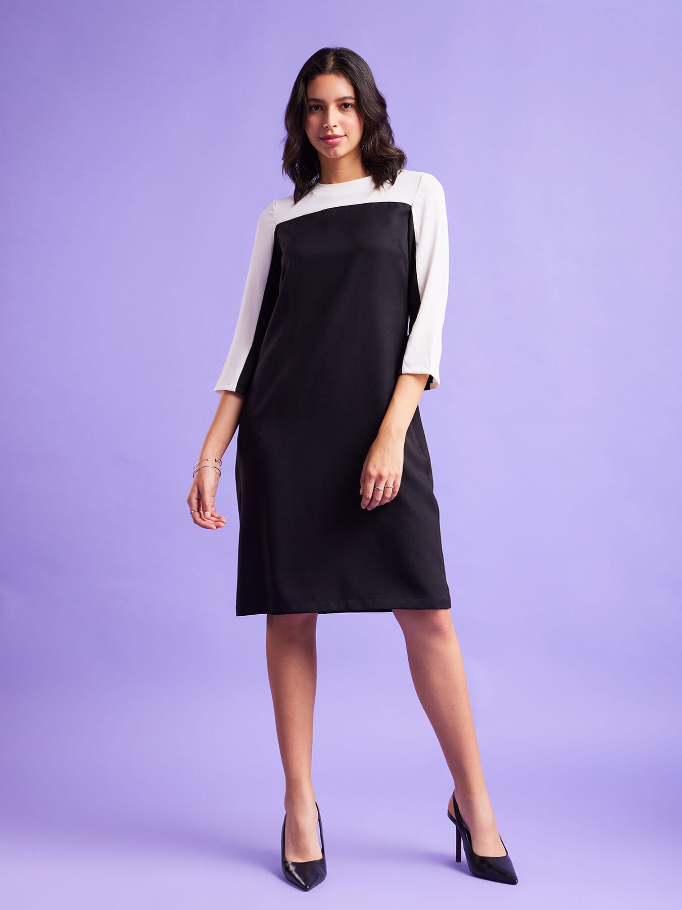 Colour Block Shift Dress - Black And White