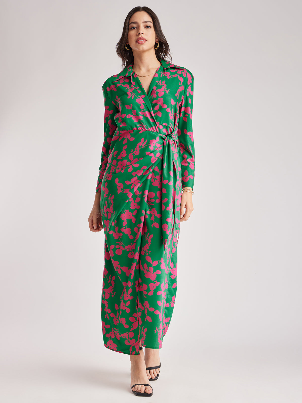 Floral Print Wrap Dress - Green And Pink