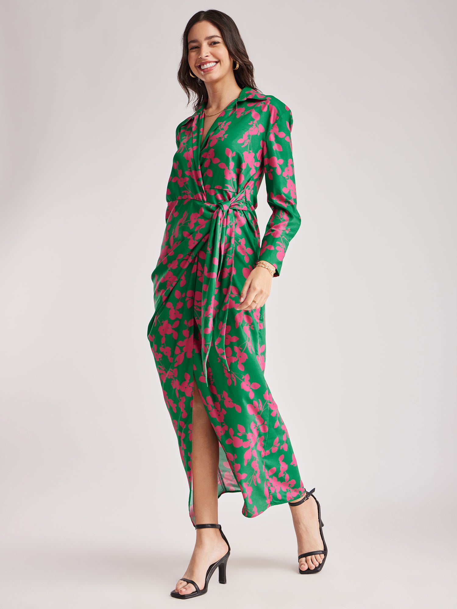 Floral Print Wrap Dress - Green And Pink