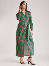 Floral Print Wrap Dress - Green And Pink