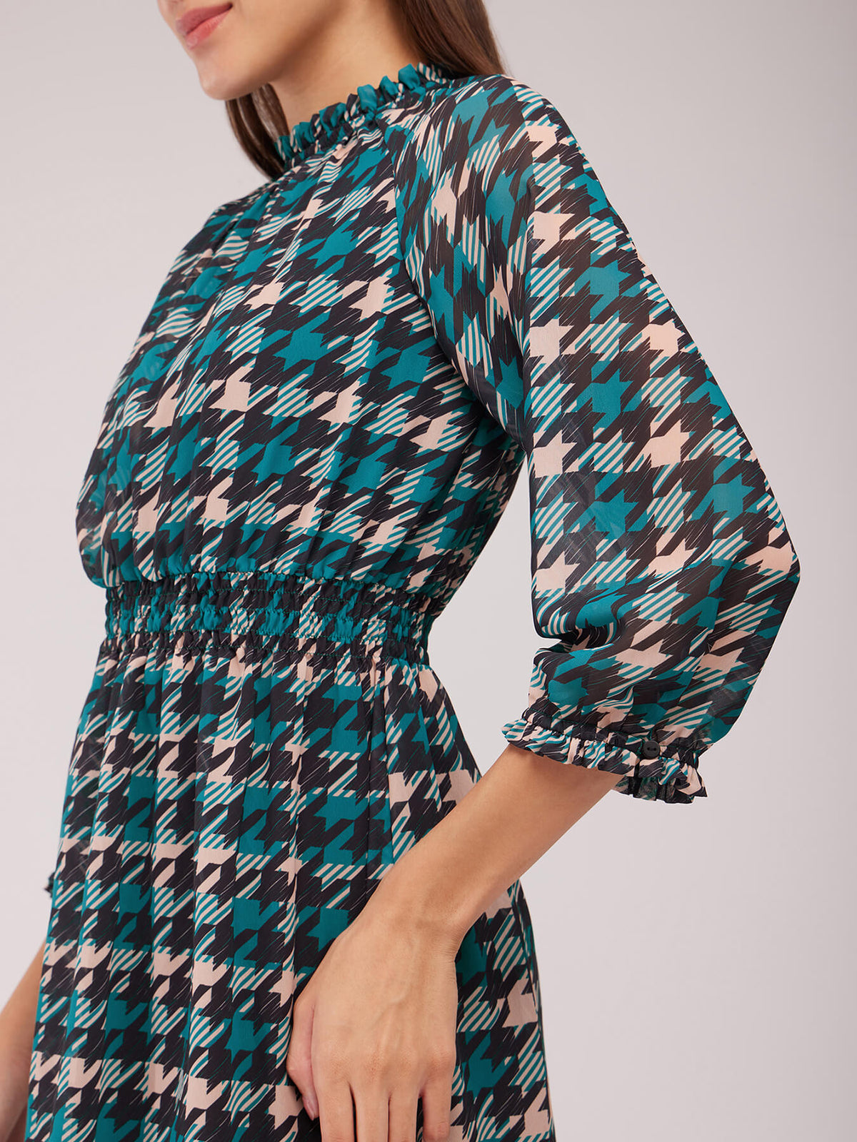 Houndstooth A-line Dress - Teal