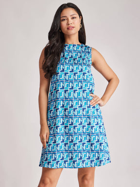 Satin Geometric Print Dress - Blue