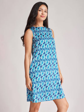Satin Geometric Print Dress - Blue