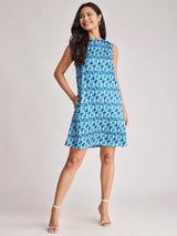 Satin Geometric Print Dress - Blue